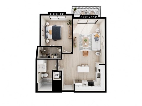 Floor plan for 1 bed, 1 bath, 757 sqft